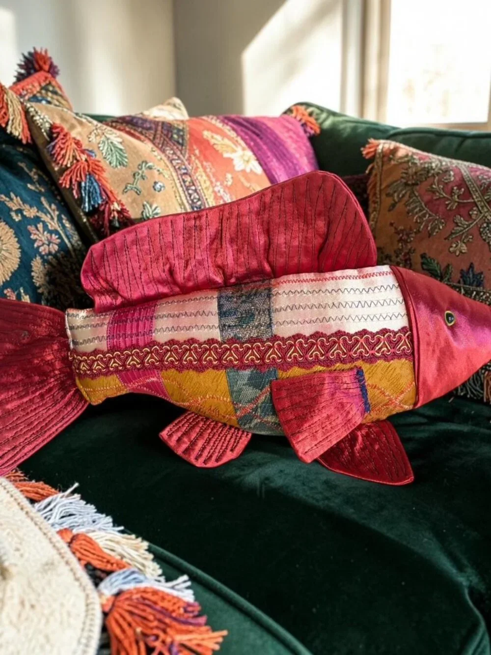 Handcrafted OOAK Brocade Patchwork Fish Koi Folk Art Boho Asian Pillow 12